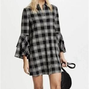Alice and Olivia Jem Ruffle Sleeve Black White Plaid Mini Shirt Dress Medium New